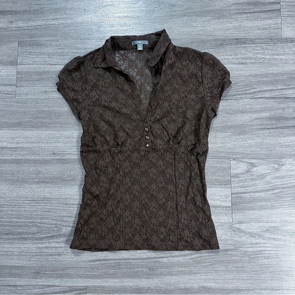 Vintage Apt 9 Brown Lace Sheer Short Sleeve V-Neck Polo Blouse - Picture 1 of 12